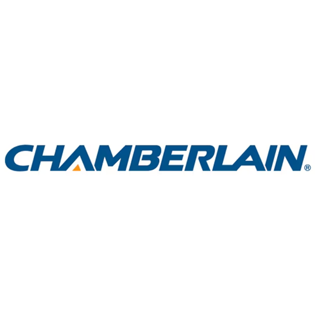 Chamberlain logo with blue lettering and orange accent