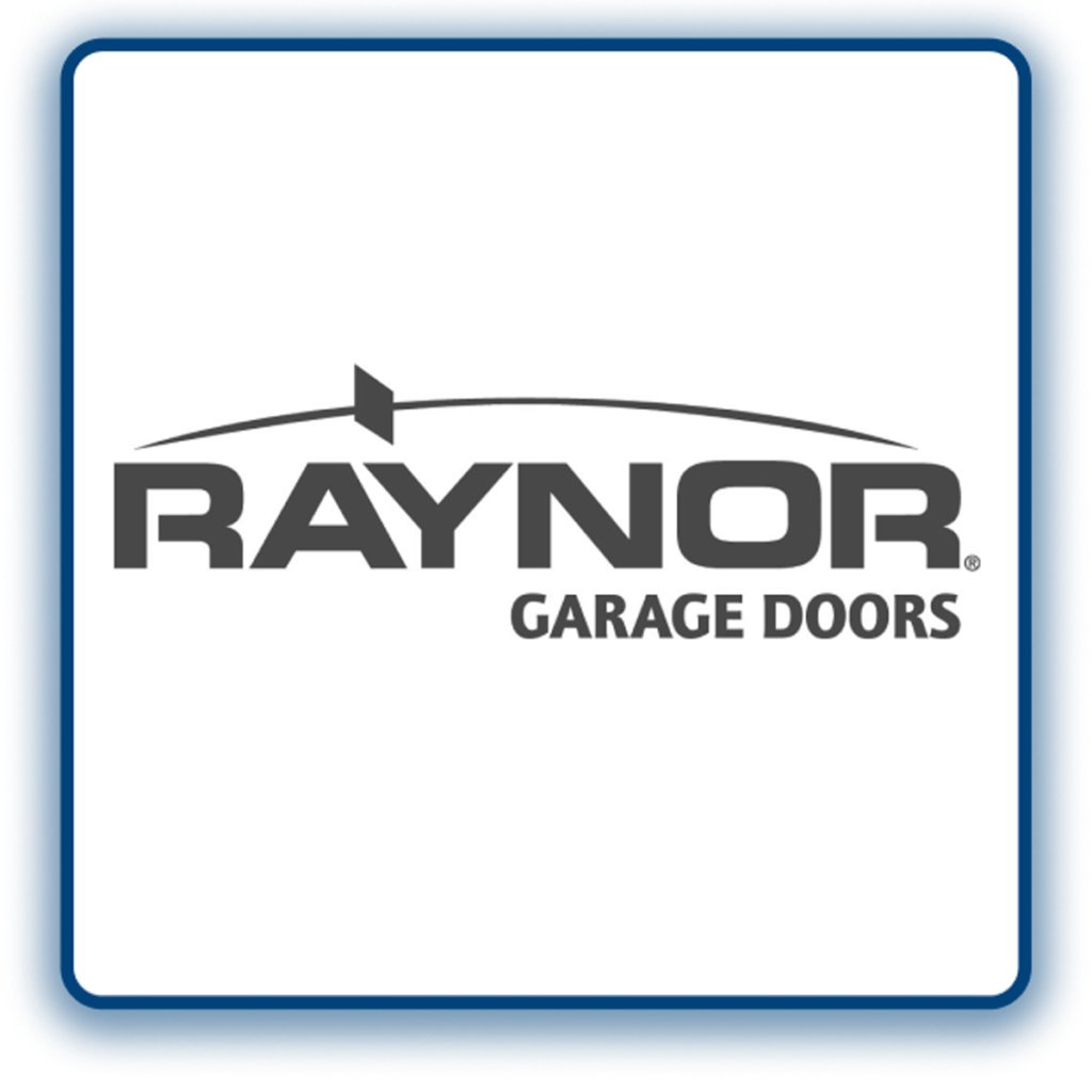 Raynor Garage Doors logo inside blue rounded square frame