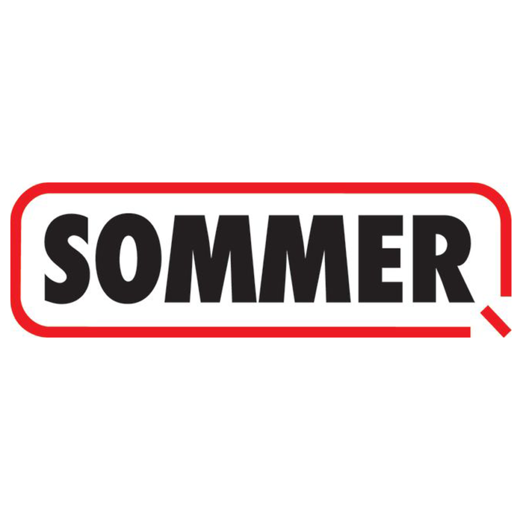 Sommer logo with black lettering inside red outlined rectangle